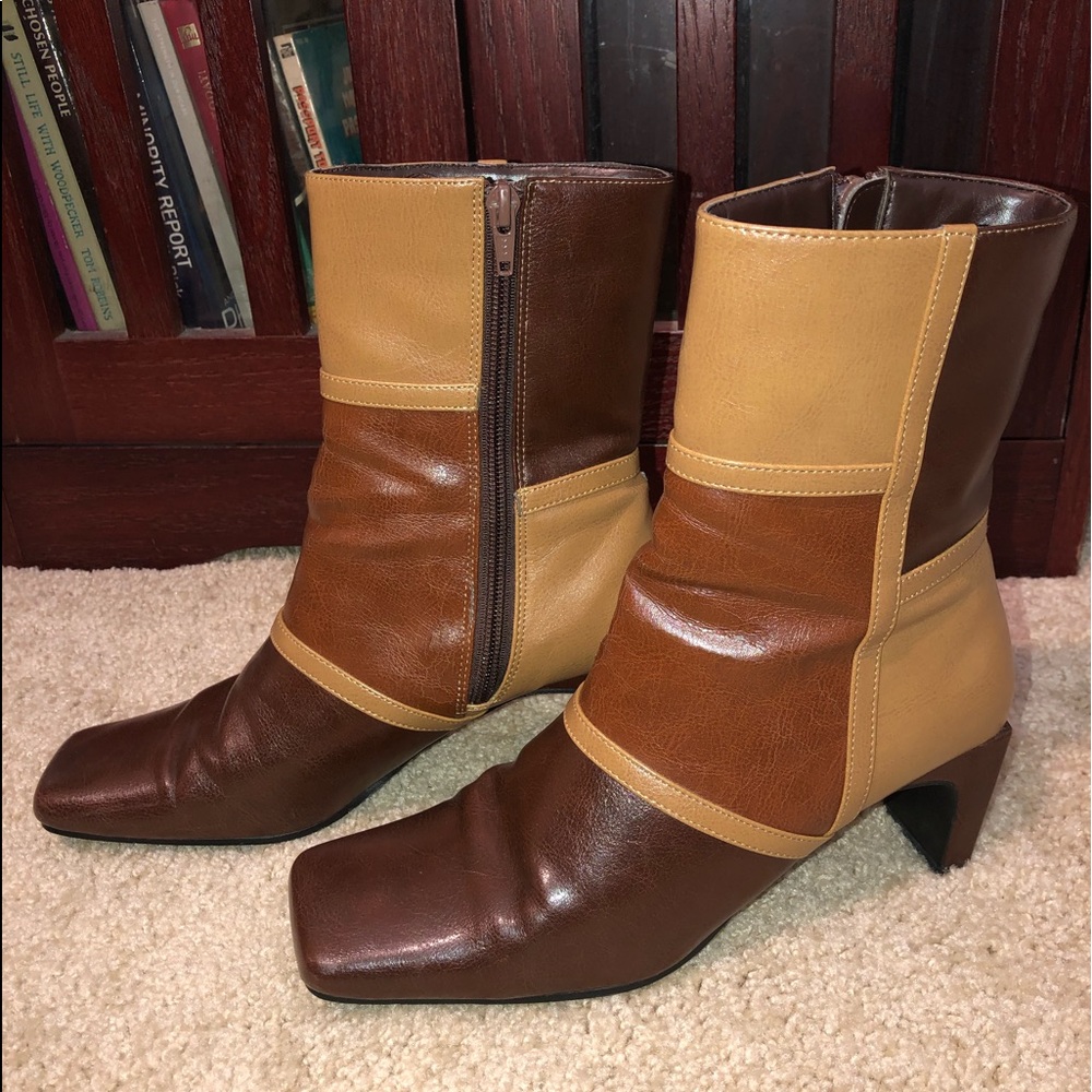 ‘70s Mod Color-Block Square-Toe Leather Boot Heels